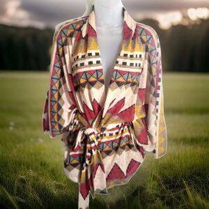 Freeway Aztec Western Boho Southwestern Sante Fe Belted Cape Cardigan L
